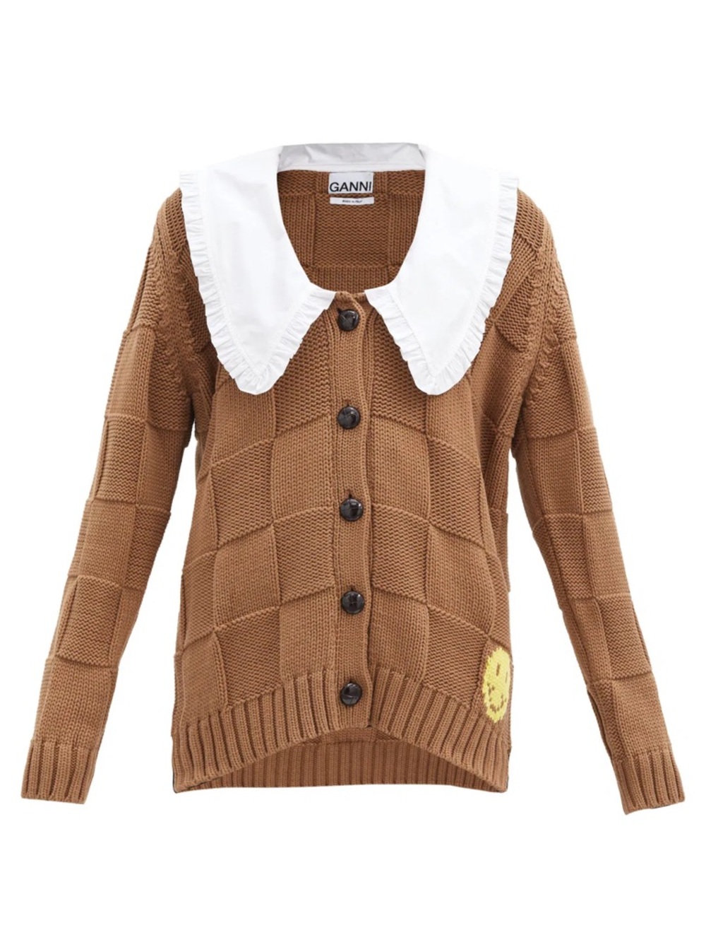 Ganni Brown Knit Cardigan with White Ruffle Collar and Yellow Smile detail